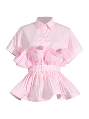 Ruffle Edge Patchwork Waist Cinching Short Sleeved Shirt
