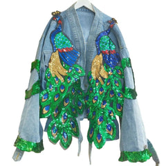 V-neck 3D Peacock Sequined Embroidery Denim Jacket