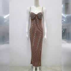 Water Diamond Nail Beads Bodycon Maxi Dress