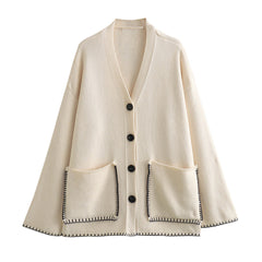 Elegant Knitted Pocket and Hem Stitch Cardigan