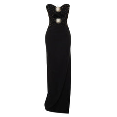 Pre Order: Black Rhinestone Metal Sun Strapless Maxi Dress