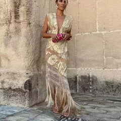 Asymmetric Tassel Lace Backless Dress