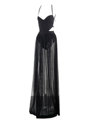 V Strap Mesh Hip Wrapped Maxi Dress