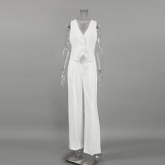 High-End White V-Neck Vest + Trousers Set
