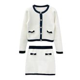 Classy Ivory White Knitted Round Neck Top + Skirt Set