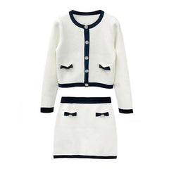 Classy Ivory White Knitted Round Neck Top + Skirt Set