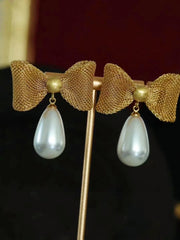 Vintage Water Drop Pearl Bow Earrings