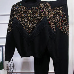 Rhinestones Pearl Beaded Knit Sweater + Wide Leg Pants