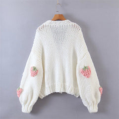 V-Neck Lantern Sleeve Strawberry Coarse Knitted Cardigan