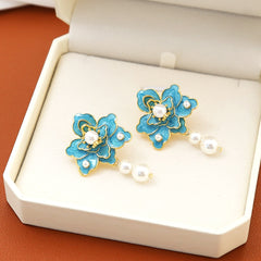 Pre Order: Blue Flower Dripping Pearl Earrings