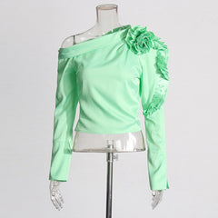Diagonal Shoulder 3D Flower Splicing Shirt
