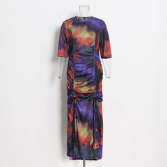 Tie Dye Round Neck Short Sleeved Hip Hugging Dress