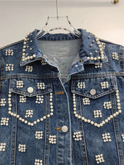 Pearl Diamond Embroidered Long Sleeved Denim Jacket