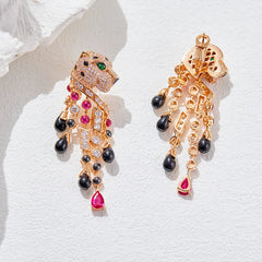 Panther Rhinestone Tassel Dangle Earrings
