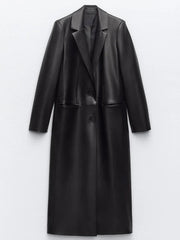 Pre Order: Black Faux Leather Single-Breasted Turn-Down-Collar Trench Coat