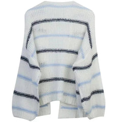 White Knitted Stripes V-Neck Long Sleeve Sweater