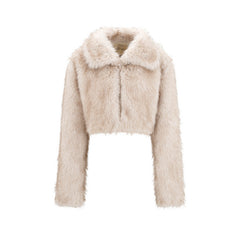 Faux Fur Beige with Collar Short Jacket