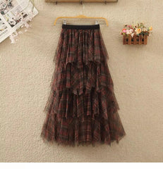 Vintage Plaid Long Tulle A-Line Skirt
