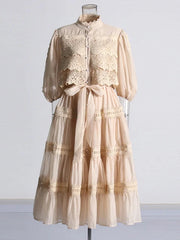 Solid Embroidery High Waist Spliced Lace Up Dress