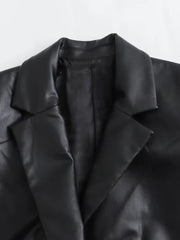 Pre Order: Black Faux Leather Single-Breasted Turn-Down-Collar Trench Coat