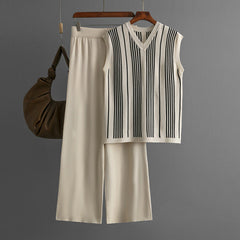 Striped V-Neck Vest Wide Leg Pants Knitted Set