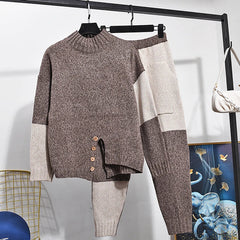 Two-Tone Slit Sweater+Pants Knitted Set