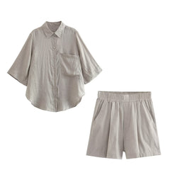 Solid Loose Short Sleeve Shirt + Wide Leg Shorts Set