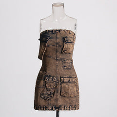 Multi Pocket Strapless Slim Fit Mini Denim Dress
