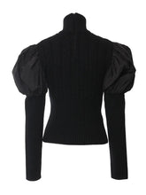 Spliced Bubble Sleeve Turtleneck Slim Knitted Top
