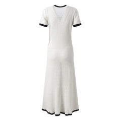 Hollowed Out Knitted Round Neck Short Sleeved Maxi Dress