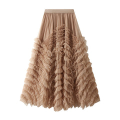 Solid Layer Cake Yarn Elastic Waist Skirt