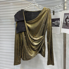 Hot Diamond Slanted Neck Pleated Mesh Top