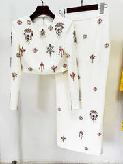 Flower Diamond Inlaid Short Top + Midi Skirt Set