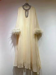 Round Neck Nail Bead Feather Cuffs Pleated Dress