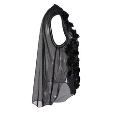 Ruffled Loose V-Neck Mesh Top