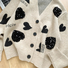 Sequined Love Jacquard V-Neck Loose Knit Cardigan