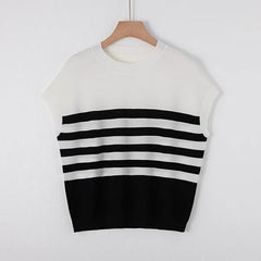 Striped Knitted Round Neck Short Sleeve Loose Top