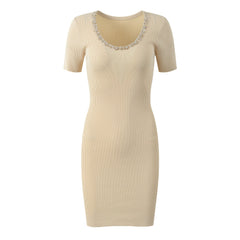 Scoop Neck Nail Bead Slim Fit Short Sleeved Dress