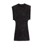 Pre Order: Black Sequined Padded Shoulder Mini Dress