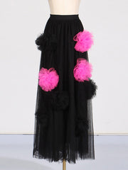 Mesh Flower Splicing High Waist Skirt