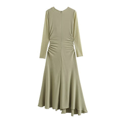 Pleated Irregular Long Sleeved Midi Dress