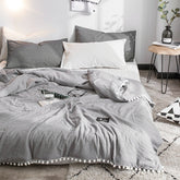Summer Gray Air Condition Quilts duvet with little white Pompons bed linens Washed cotton throw blankets Solid bedding #s