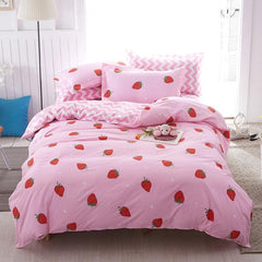 Home Textile Pink Bedding Set For Girl Kid Teen Beds Sheet Strawberry Duvet Quilt Cover Pillowcase Stripe Bed Sheet