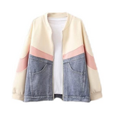 Denim Spliced Cotton Zip-Up Jacket