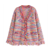 Rainbow Fringed Hem Knit Cardigan