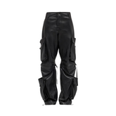 Patch-Pockets Vegan Leather Cargo Pants