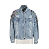 Rhinestones Embellished Distressed Denim Jacket
