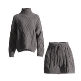 Turtleneck Sweater Tie-Waist Shorts Cableknit Set
