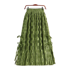 Vintage Tie Split Pleated A-Line Midi Skirt