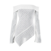 White Knitted Off-Shoulder Stripe Long Sleeves Top